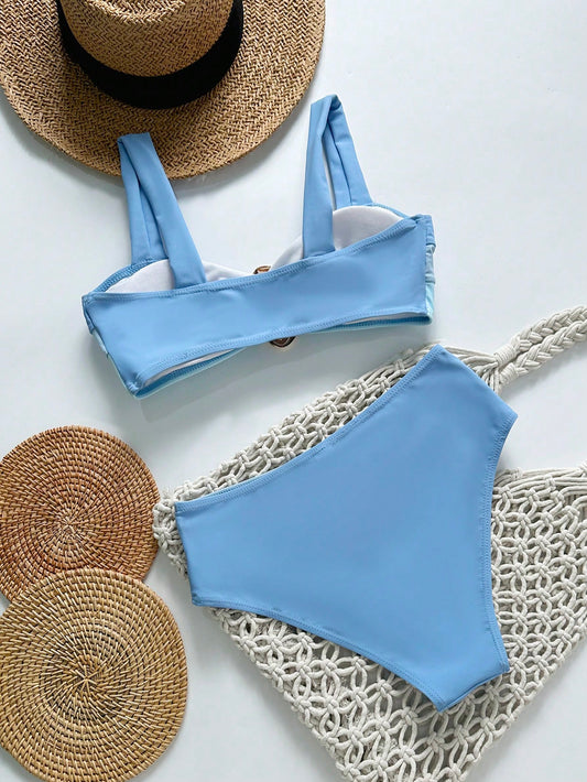Bikini Azul Combinado Con Detalle Dorado Y Talle Alto