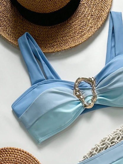 Bikini Azul Combinado Con Detalle Dorado Y Talle Alto