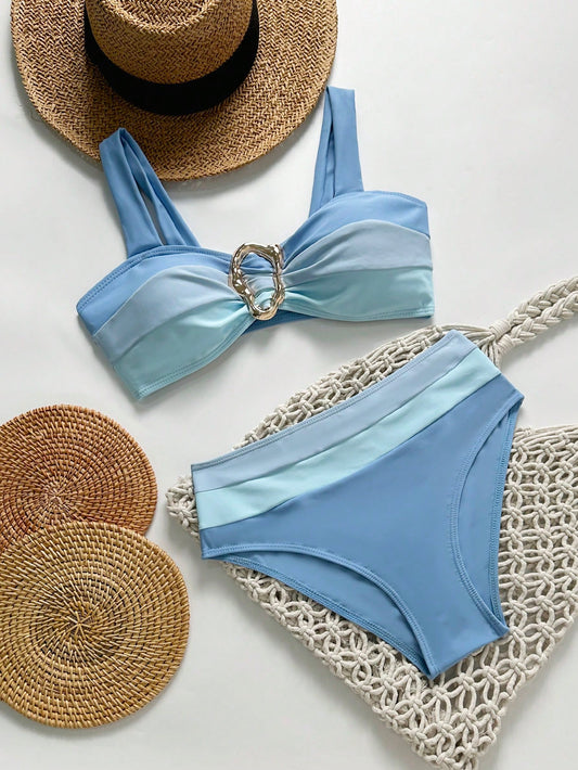 Bikini Azul Combinado Con Detalle Dorado Y Talle Alto