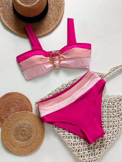 Bikini Rosa Combinado Con Detalle Dorado Y Talle Alto