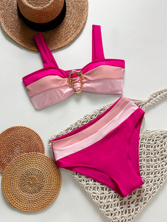 Bikini Rosa Combinado Con Detalle Dorado Y Talle Alto
