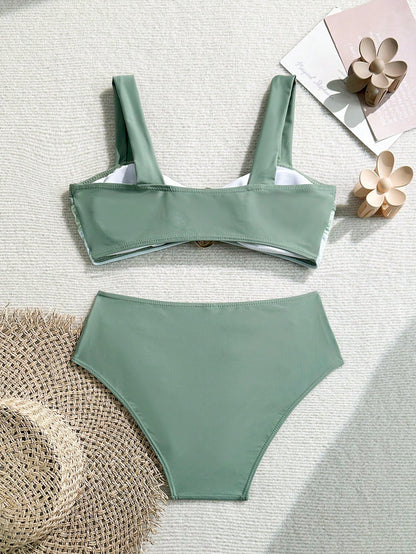 Bikini Verde Combinado Con Detalle Dorado Y Talle Alto