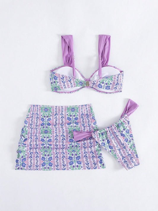 Conjunto De Bikini Multicolor Con Top Bralette Y Falda Corta