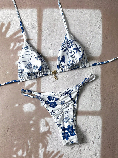 Bikini Triangular Tropical Blanco Multicolor con Cordón Espalda