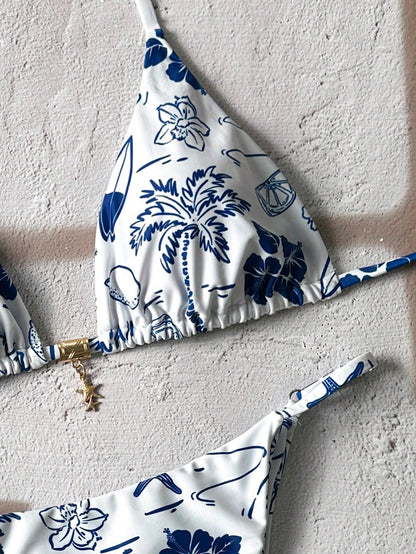 Bikini Triangular Tropical Blanco Multicolor con Cordón Espalda