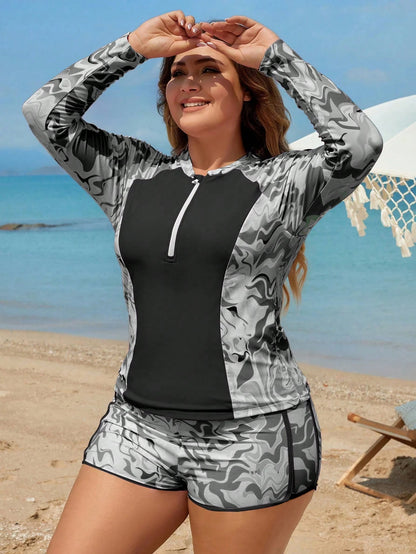 Set De Bikini Deportivo Blanco Y Negro Con Cremallera Y Estampado Integral