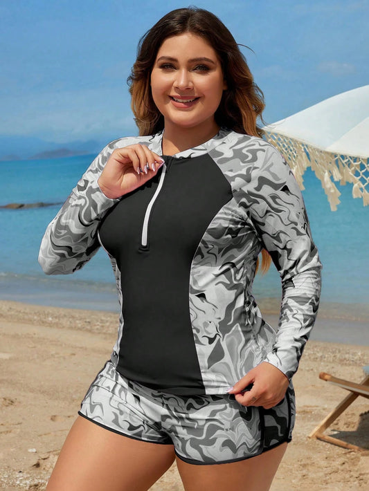 Set De Bikini Deportivo Blanco Y Negro Con Cremallera Y Estampado Integral