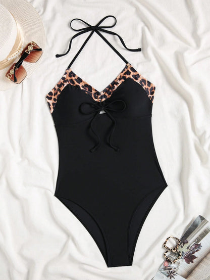 Traje De Baño Negro Sexy Con Escote Halter Y Detalle Animal Print