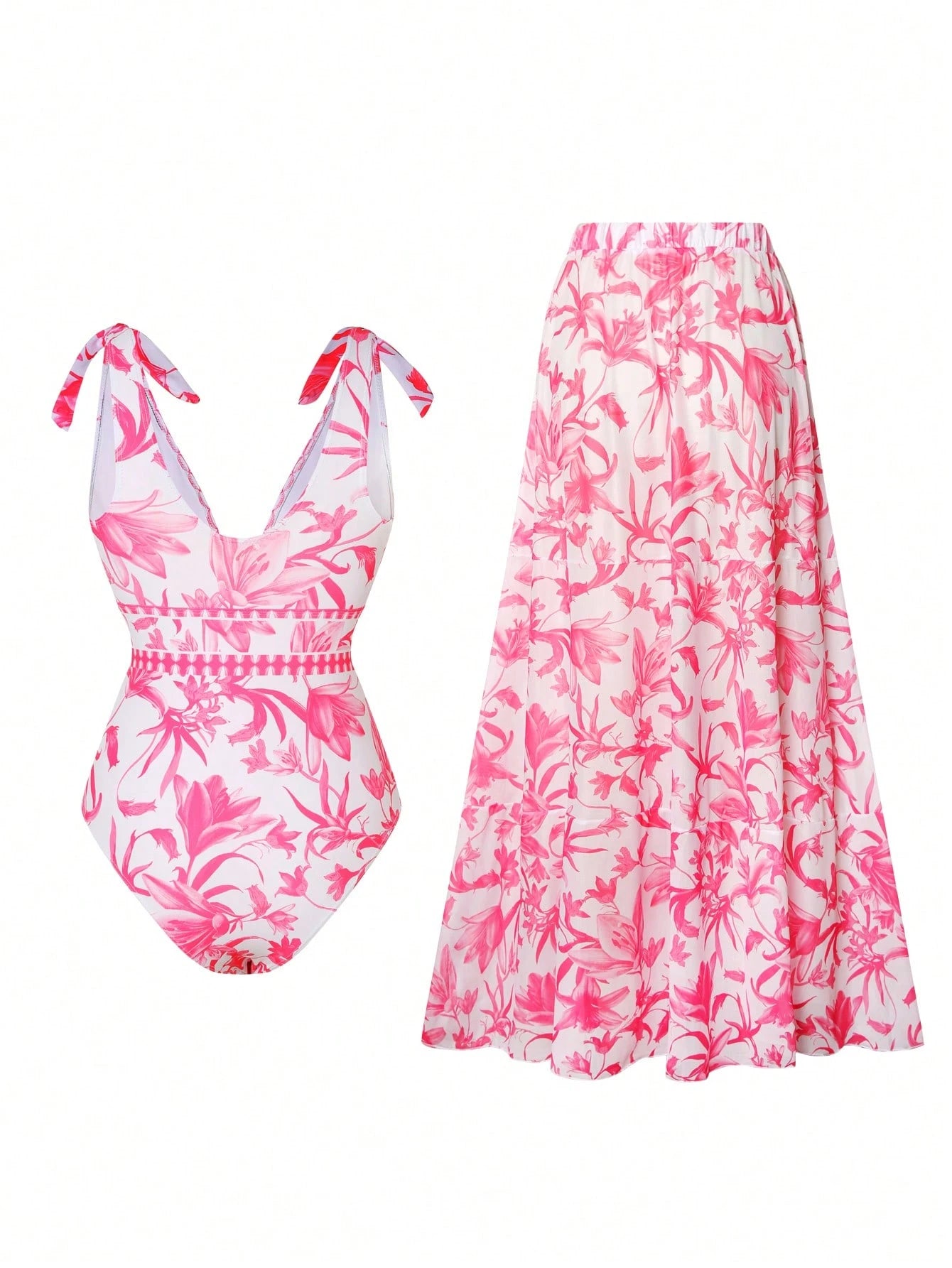 Set De Traje De Baño Rosa Con Estampado Floral Y Falda Larga