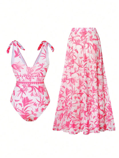 Set De Traje De Baño Rosa Con Estampado Floral Y Falda Larga