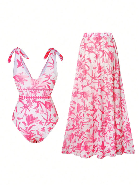 Set De Traje De Baño Rosa Con Estampado Floral Y Falda Larga