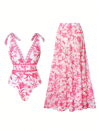 Set De Traje De Baño Rosa Con Estampado Floral Y Falda Larga