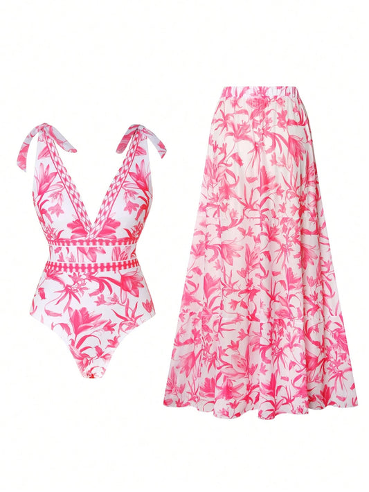 Set De Traje De Baño Rosa Con Estampado Floral Y Falda Larga