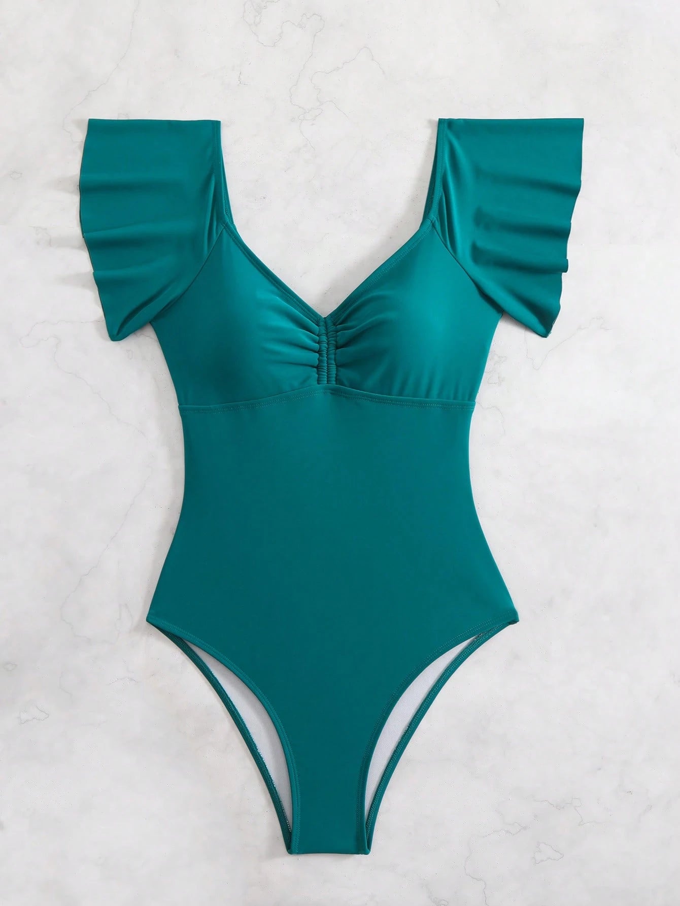 Traje De Baño Enterizo Verde Con Volantes Y Moño