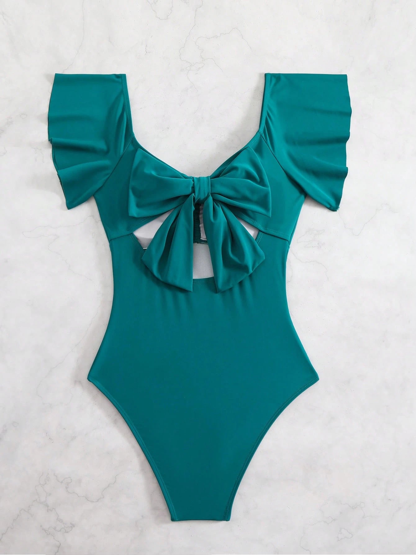 Traje De Baño Enterizo Verde Con Volantes Y Moño