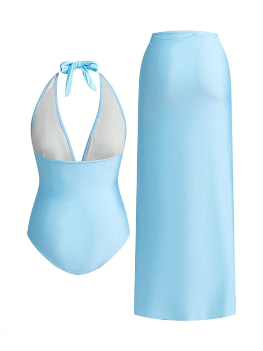 Traje De Baño Enterizo Celeste Con Pareo Y Detalle Estrella De Mar