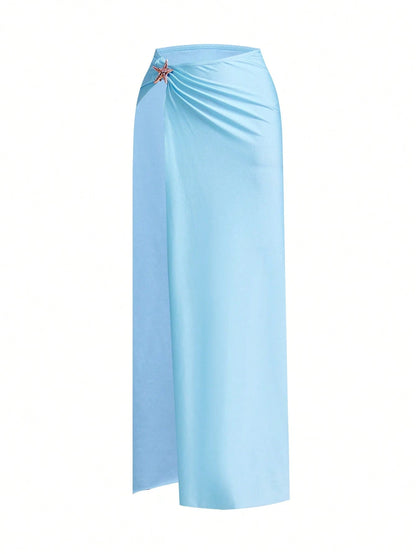 Traje De Baño Enterizo Celeste Con Pareo Y Detalle Estrella De Mar
