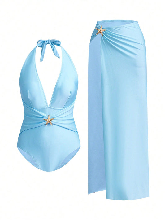 Traje De Baño Enterizo Celeste Con Pareo Y Detalle Estrella De Mar