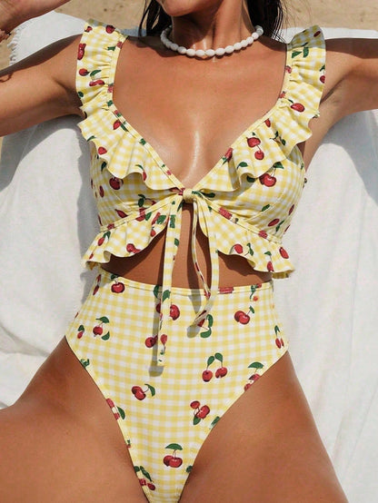 Bikini Con Volantes Amarillo Cuadros Con Estampado De Cerezas