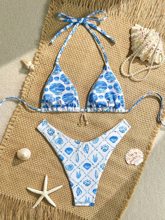 Bikini Triangular Con Estampado Marino Azul Y Corte Alto