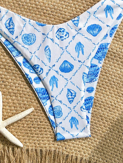 Bikini Triangular Con Estampado Marino Azul Y Corte Alto