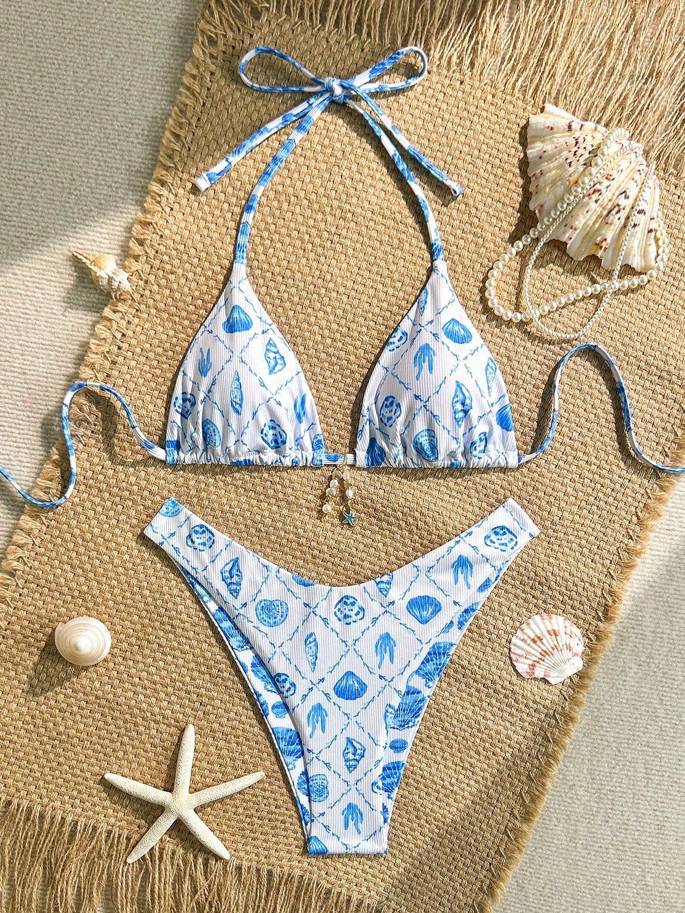 Bikini Triangular Con Estampado Marino Azul Y Corte Alto