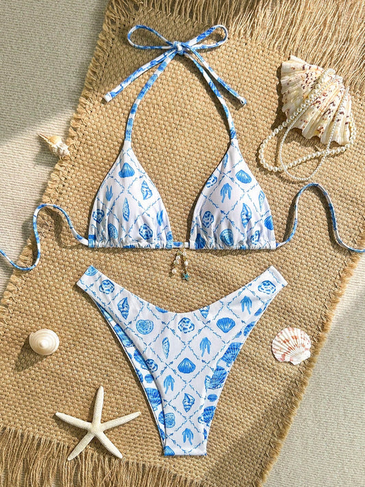 Bikini Triangular Con Estampado Marino Azul Y Corte Alto